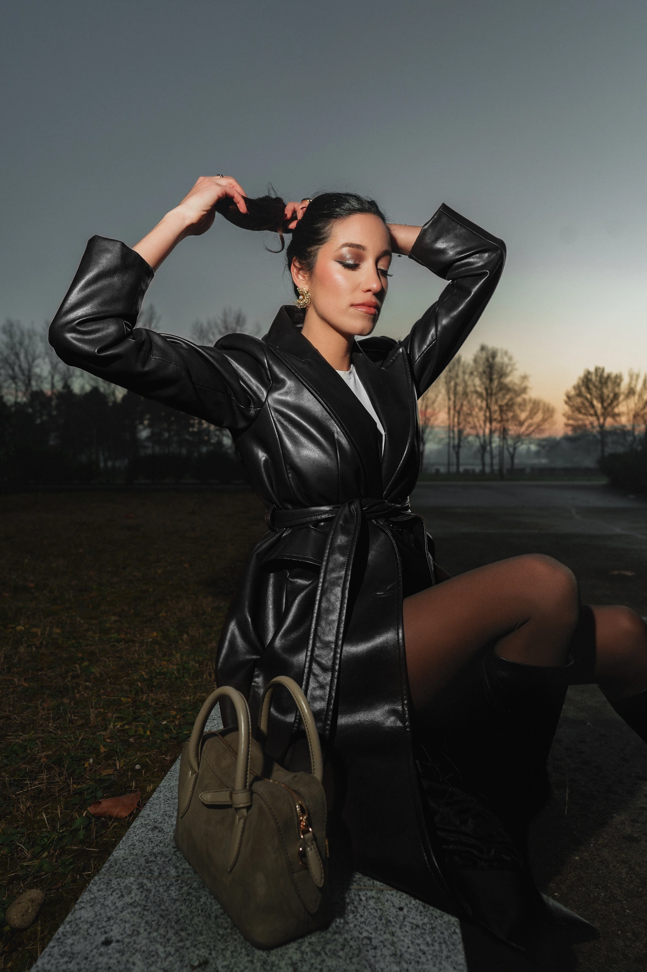 Outdoor fashion portrait with leather styling and cinematic direction as editorial photography for creators, models and personal brands by Šime Bilić.
